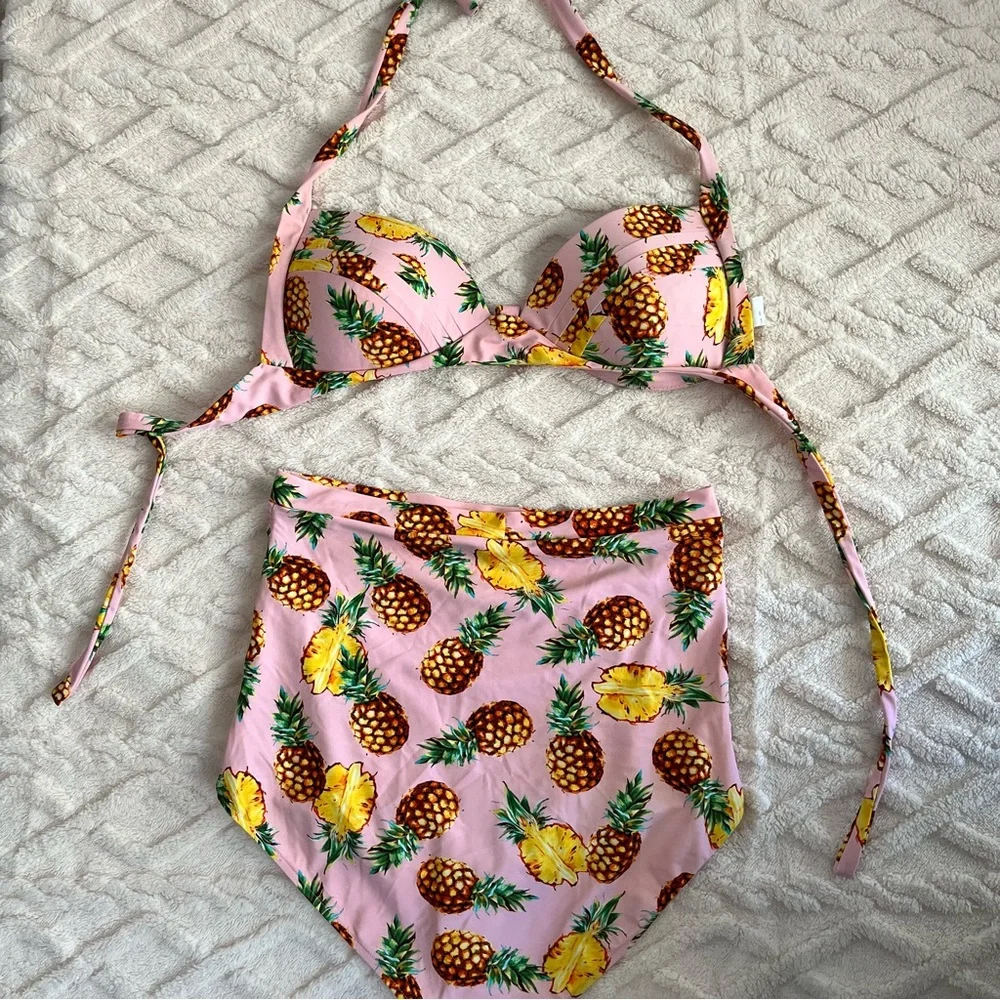 COCOSHIP Womens 2 Piece Swimsuit Size 4X Pink Yellow Pineapples. Beach Summer